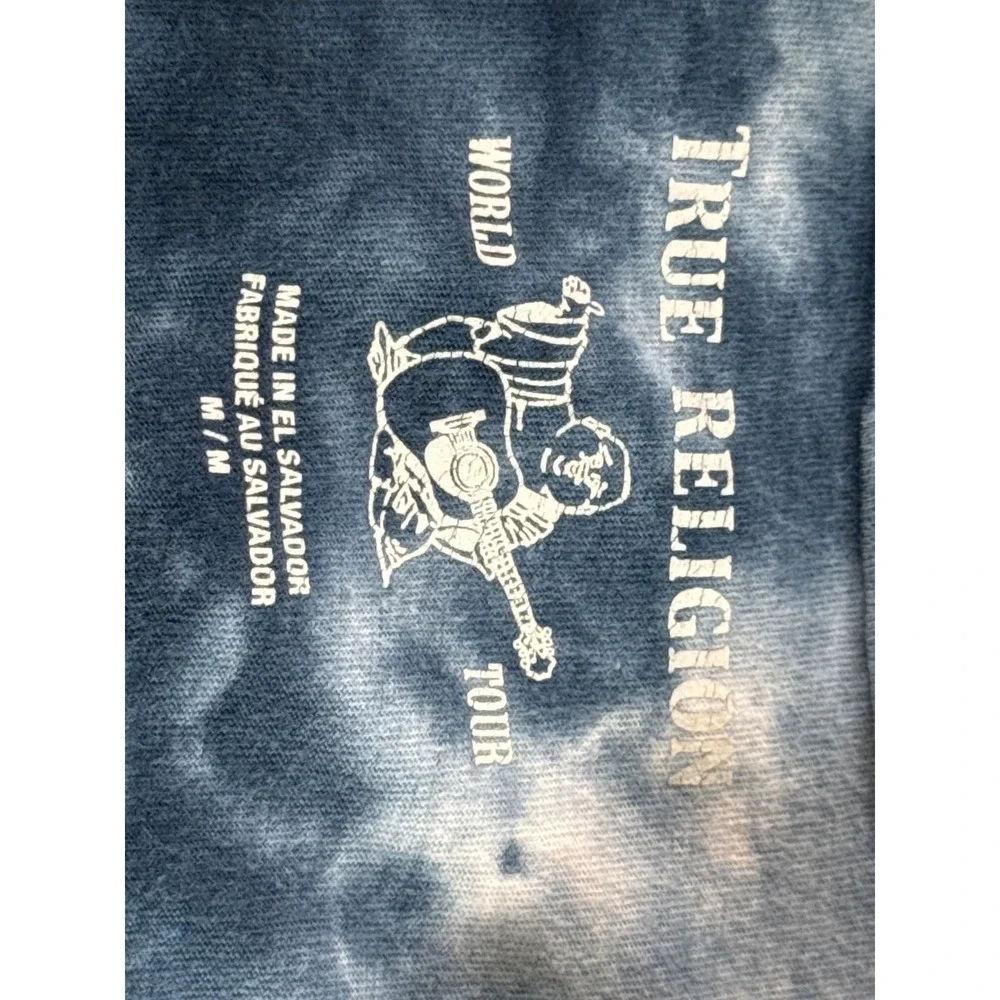 True Religion Buddha World Tour Tie Dye T-Shirt Mens M Blue Crew Neck Horseshoe
